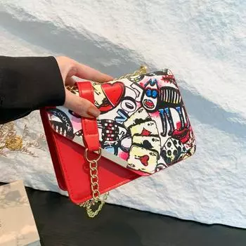 2024 новая модная и простая сумка через плечо с граффити и принтом в виде квадрата, нишевый дизайн, корейская версия, цепочка, диагональная сумка через плечо чёрный