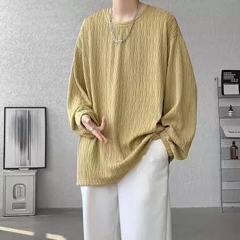 2024 Новая модная мужская футболка с длинными рукавами и круглым вырезом в гонконгском стиле, мужская рубашка из ледяного шелка, свободная модная повседневная одежда, студенческие футболки, мужские корейские топы, футболки XXL белый