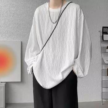 2024 Новая модная мужская футболка с длинными рукавами и круглым вырезом в гонконгском стиле, мужская рубашка из ледяного шелка, свободная модная повседневная одежда, студенческие футболки, мужские корейские топы, футболки M светло-желтого