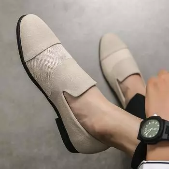 2024 Новая модная мужская обувь Мужская повседневная кожаная обувь Мужская дышащая обувь без застежек для отдыха Универсальная обувь с открытым ртом Смеющаяся обувь 38 бежевый