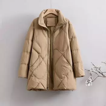 2024 Новая модная простая универсальная куртка-пуховик средней и длинной длины, зимняя свободная белая женская куртка на утином пуху с воротником-стойкой M чёрный