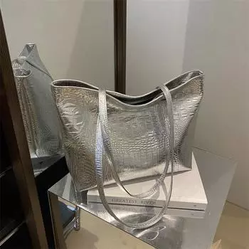 2024 новая модная сумка через плечо большой емкости, женская сумка из лакированной кожи с рисунком под крокодила, модная серебряный
