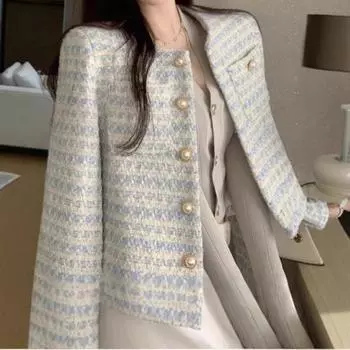 2024 Новая модная универсальная куртка Xiaoxiangfeng женская осенняя новая французская дизайнерская ниша свободная короткая S светло-синий