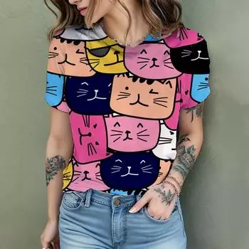 2024 Новая модная женская футболка с милым котом и принтом, с коротким рукавом и круглым вырезом, футболка с забавным узором, летние домашние повседневные женские топы S