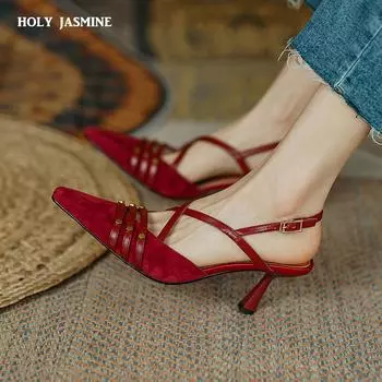 2024 Новая модная женская обувь на толстом высоком каблуке, летние босоножки из натуральной овечьей замши, женские туфли-лодочки, обувь для женщин, сандалии 34 чёрный