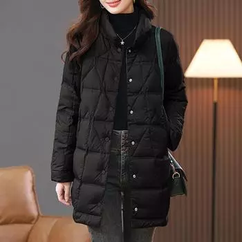 2024 Новая модная зимняя куртка средней и длинной длины из белого утиного пуха, средняя и легкая пуховая куртка для женщин, зимняя куртка S чёрный
