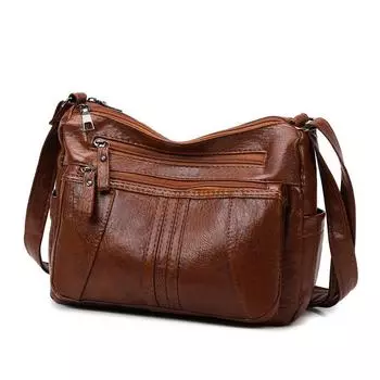 2024 Новая мягкая кожаная сумка-мессенджер с большим объемом и несколькими карманами для женщин среднего возраста коричневый