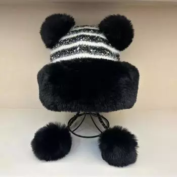 2024 Новая мультяшная вязаная шапка женская зимняя корейская версия модная универсальная шерстяная завязка для мяча теплая защита ушей шерстяная шапка 56-58cm чёрный