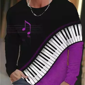 2024 Новая мужская футболка с длинными рукавами с 3D-принтом в виде нот фортепиано, мужские осенние топы, повседневная домашняя одежда с круглым вырезом S