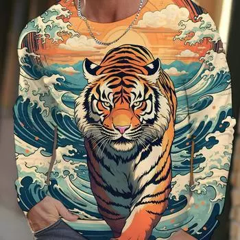 2024 новая мужская футболка с длинными рукавами Ukiyoe с принтом тигра высокой четкости на 3D-принте, мужские осенние топы, повседневная футболка с круглым вырезом S