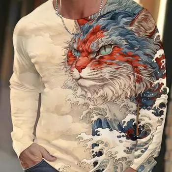 2024 Новая мужская футболка с длинными рукавами, 3D-печать, имитация костюма, мужские осенние топы, повседневная футболка с круглым вырезом, имитация двух предметов S