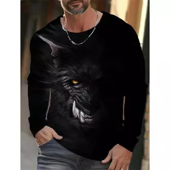 2024 новая мужская футболка с длинными рукавами, 3D-печать, высокое разрешение, зверь, свирепый, печать, мужские осенние топы, повседневная футболка с круглым вырезом S
