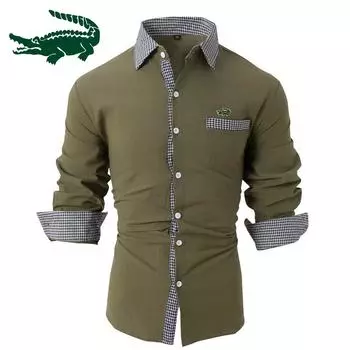 2024 Новая мужская рубашка из хлопка и льна в клетку в стиле пэчворк, мужская повседневная рубашка с длинными рукавами и вышивкой S