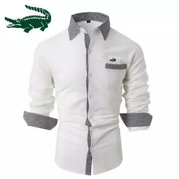 2024 Новая мужская рубашка из хлопка и льна в клетку в стиле пэчворк, мужская повседневная рубашка с длинными рукавами и вышивкой S