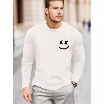 2024 Новая мужская рубашка свободного покроя с круглым вырезом и длинным рукавом с принтом улыбающегося лица, летняя повседневная рубашка с длинным рукавом S