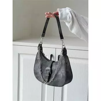 2024 новая нишевая сумка женская премиум текстура полумесяц сумка ретро сумка через плечо холст подмышки цепочка сумка серый