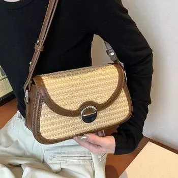 2024 новая нишевая текстура сумка подмышкой ретро мода контрастный цвет сумка через плечо соломенная сумка через плечо коричневый