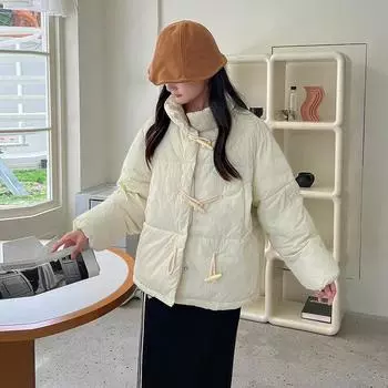 2024 новая одежда из хлопка для женщин корейская версия воротник-стойка свободная интернет знаменитость роговая пряжка утолщенная теплая одежда из хлопка для женщин S покинуть белый