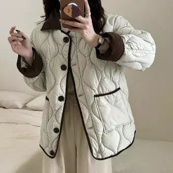 2024 новая одежда из хлопка для женщин корейская версия воротник ПОЛО маленькая утолщенная теплая одежда из хлопка для женщин бежевый черный S бежевый