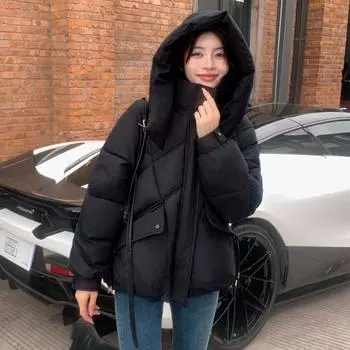 2024 новая одежда на пуху с хлопковой подкладкой женская зимняя мода одежда на хлопковой подкладке свободная и тонкая утолщенная теплая съемная шапка куртка на хлопковой подкладке S чёрный