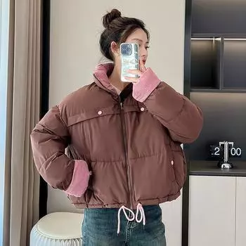 2024 новая одежда с пуховой подкладкой из хлопка женская зимняя версия свободная одежда с хлопковой подкладкой повседневная вельветовая куртка с плетением M чёрный