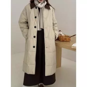 2024 новая однобортная куртка на белом утином пуху для женщин корейская версия средняя и длинная куртка с отворотом до колена для женщин average size (90-75 kg)
