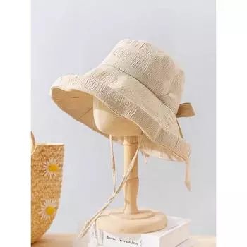 2024 Новая однотонная панама с большими полями для летних путешествий, универсальная, с защитой от ультрафиолета, с загнутым бантом на ремне, женская кепка 55-58cm бежевый