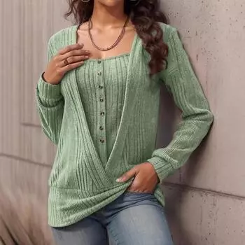 2024 Новая осень зима женская блузка мода с длинным рукавом поддельные двухсекционные пуговицы футболка повседневная однотонная квадратный воротник свободный топ S серый