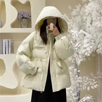 2024 новая осенне-зимняя корейская куртка-пуховик из мятого таро с фиолетовой талией, женская короткая белая утиная пуховая куртка с капюшоном S (about 90-60 kg) фиолетовый