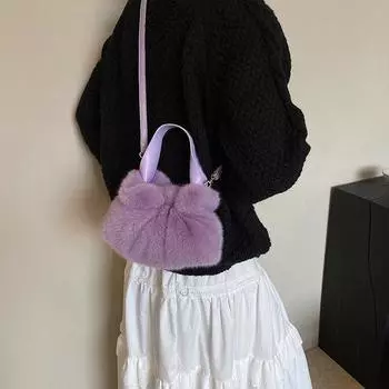 2024 новая осенне-зимняя плюшевая сумка женская ручная плиссированная сумка-ведро корейская версия модная меховая косая сумка-мешок чёрный