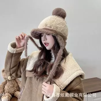 2024 новая осенне-зимняя шапка женская плюшевая вязаная шапка универсальная теплая защитная шапка для ушей утолщенная модная шерстяная шапка One Size хаки