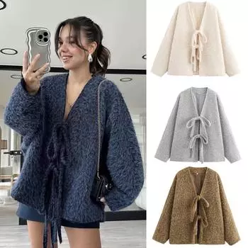 2024 новая осенне-зимняя женская одежда темперамент универсальный V-образный вырез с длинными рукавами шнуровка кардиган свободный плюшевый фактурный жакет топ S