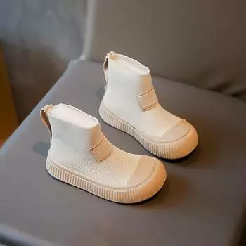 2024 Новая осенняя детская обувь Вязаные дышащие детские ботильоны для мальчиков Мягкая подошва Повседневная мода Ботинки для девочек 22 чёрный