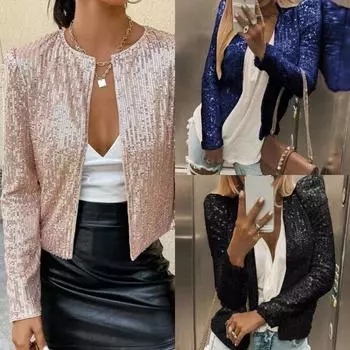 2024 Новая осенняя Золотая свободная куртка с пайетками для женщин, блестящая повседневная куртка-бомбер с длинными рукавами и карманами, женские модные пальто S красный