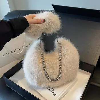 2024 Новая плюшевая косая сумка Span Сумка через плечо с цепочкой Сумка-полумесяц Женская сумка Commuter Mao Fashion Underarm Bag 30*10*23
