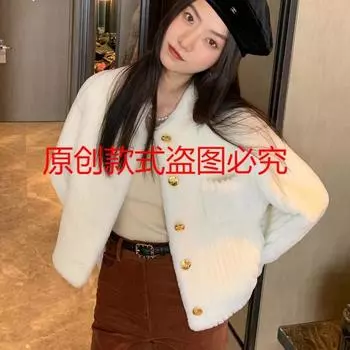 2024 Новая плюшевая куртка Rex Rabbit, корейская женская куртка, осенне-зимняя однотонная вертикальная полоса, милая пушистая куртка S белый