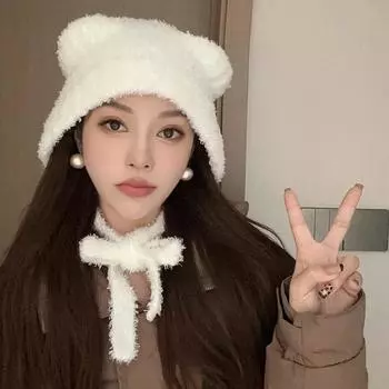 2024 новая плюшевая милая шапка с медведем женская осенне-зимняя универсальная маленькая взрывная теплая вязаная шапка прилив чёрный