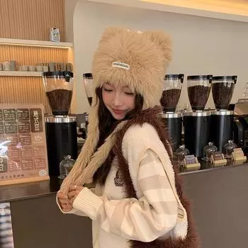 2024 новая плюшевая шапка для женщин, теплая осенью и зимой, морозостойкая, защита ушей, холодная шапка, чтобы показать лицо, милая шапка-мешок чёрный