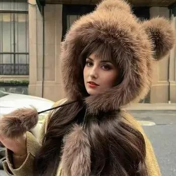 2024 Новая плюшевая шапка с медведем, симпатичная утолщенная теплая имитация лисы, защитная шапка для ушей