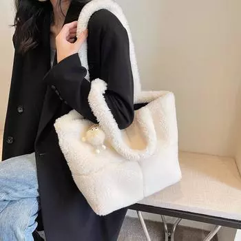 2024 новая плюшевая сумка женская большая вместительная модная сумка через плечо на осень и зиму модная плюшевая сумка-тоут для поездок на работу
