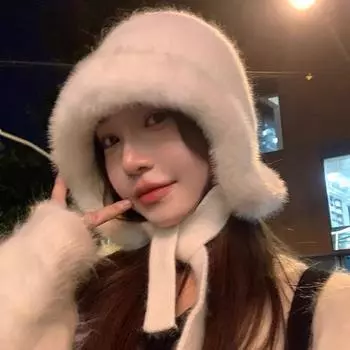 2024 новая плюшевая утолщенная вязаная шапка с ремешком, женская осенне-зимняя шапка, теплая уличная шапка Lei Feng, защитная шапка с мешком для головы M56-58cm