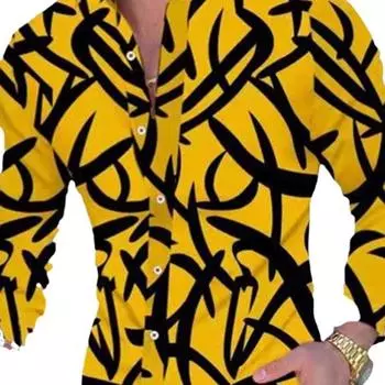 2024 Новая популярная мужская рубашка с длинным рукавом с воротником с 3D-принтом, повседневная и модная многоцветная рубашка с длинным рукавом S жёлтый