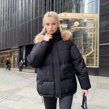 2024 новая простая и модная свободная утолщенная куртка с меховым воротником в Корейском стиле, повседневная одежда из хлопка для студентов на осень и зиму M фиолетовый