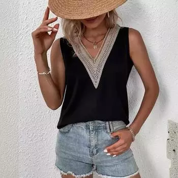 2024 Новая простая летняя рубашка без рукавов с v-образным вырезом и кружевной строчкой для женщин S белый