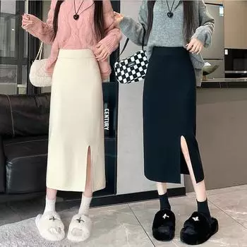 2024 новая простая стильная универсальная юбка детская осенне-зимняя юбка с разрезом и высокой талией тонкая юбка-свитер средней и длинной длины для женщин One Size чёрный