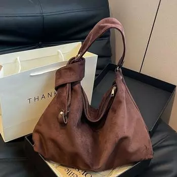 2024 новая простая сумка-тоут большой емкости, большая сумка на плечо, женская зимняя ретро-ниша из оленьей кожи, бархатная сумка подмышкой темно-коричневого