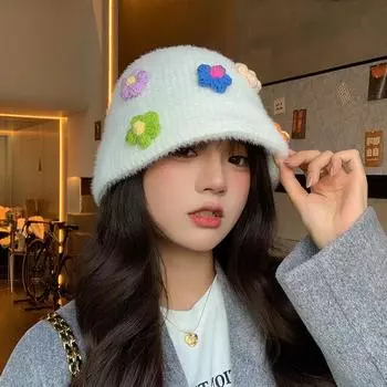 2024 Новая японская милая шапка-ведро ручной работы с цветком, детская осенне-зимняя теплая защитная шапка для умывания M (56-58cm) Colored Flowers