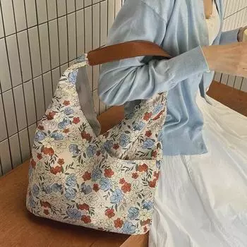 2024 Новая японская ретро-холщовая сумка-тоут с цветочным принтом - большая вместительная сумка через плечо