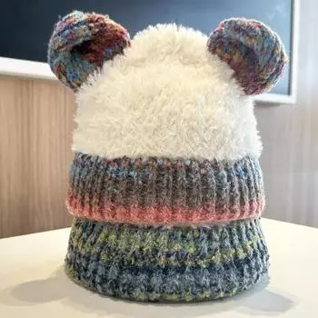 2024 новая разноцветная шерстяная шапка-пуловер с медвежьими ушками для женщин на осень и зиму, теплая плюшевая вязаная шапка-ушанка elastic (54-58cm) морская волна