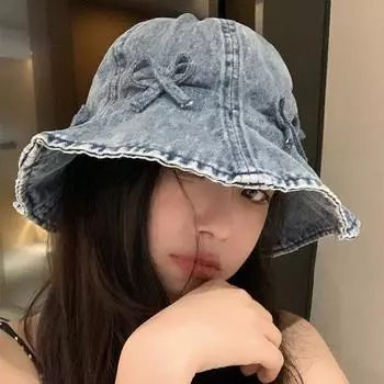 2024 новая ретро-бантик джинсовая шляпа рыбака детская летняя большая окружность головы показать лицо маленький солнцезащитный козырек солнцезащитный крем для раковины шляпа M56-58cm темно-синий
